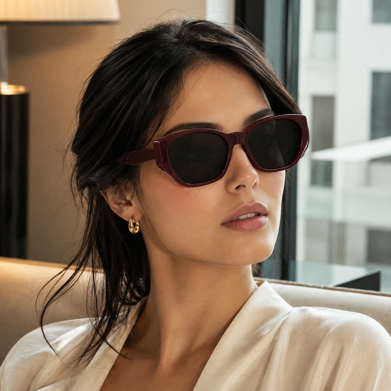 BAPORSSA dune dark burgundy frame sunglasses indoor portrait