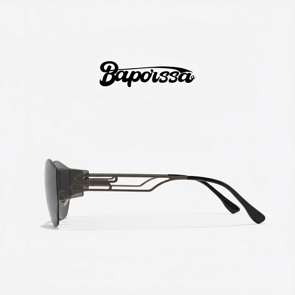 A side product shot of BAPORSSA's 'Future' wavy rimless shield sunglasses in gunmetal gray, on a white background with the Baporssa logo