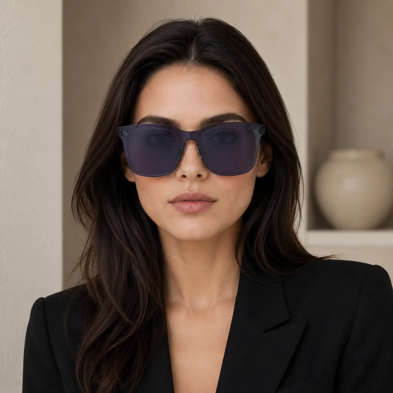 Front portrait of a woman in a black blazer wearing Baporssa Halo oversized square sunglasses with semi-transparent ink blue frames.