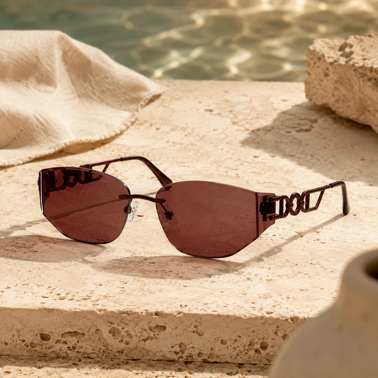 High-end product photography of Baporssa Muse rimless sunglasses with dark plum lenses, resting on a beige travertine stone next to rippling pool water.