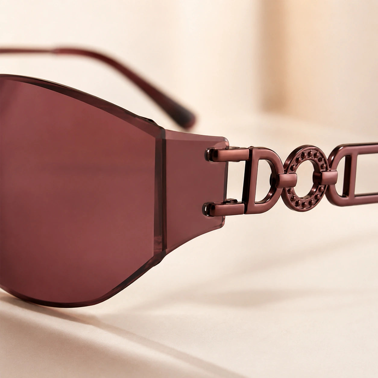 Macro detail shot of Baporssa Muse sunglasses temple arm, emphasizing the dark metallic interlocking geometric design and studded circular loop detail.