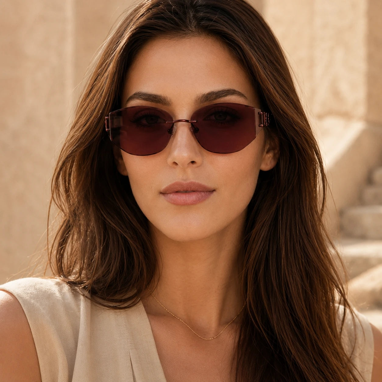 Front portrait of a woman looking directly at the camera, showcasing Baporssa Muse rimless sunglasses with rich burgundy tinted lenses and a minimalist bridge.