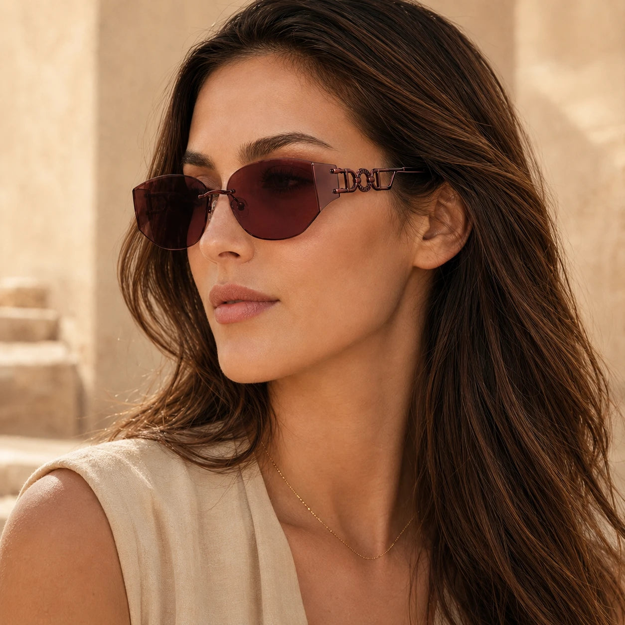 Elegantly styled outdoor close-up of a woman looking to the side, wearing Baporssa Muse luxury plum-tinted sunglasses with unique open-work metal temples.