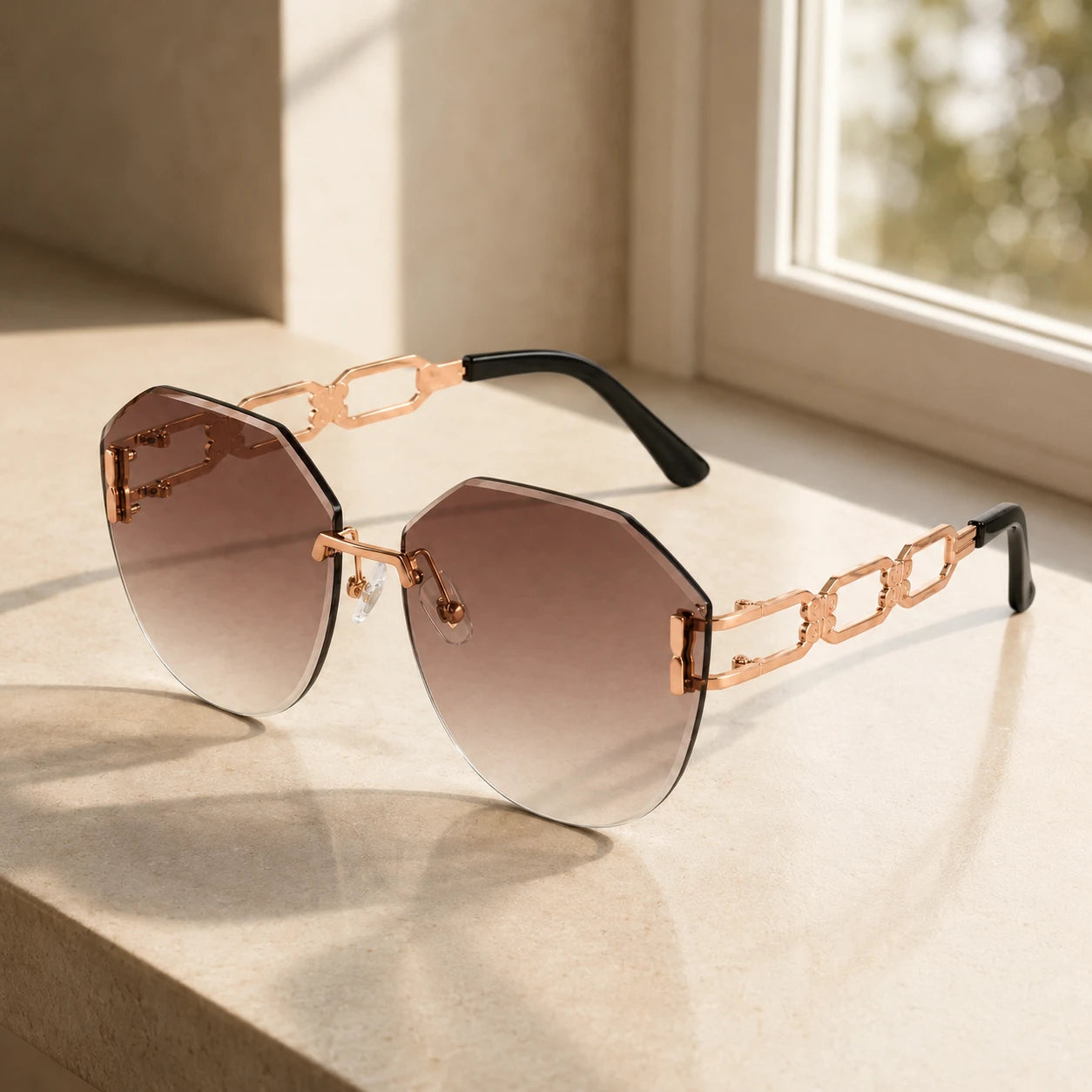 A pair of Baporssa rimless oversized sunglasses with brown gradient lenses and rose gold hollow geometric chain temples, resting on a sunlit stone window sill.