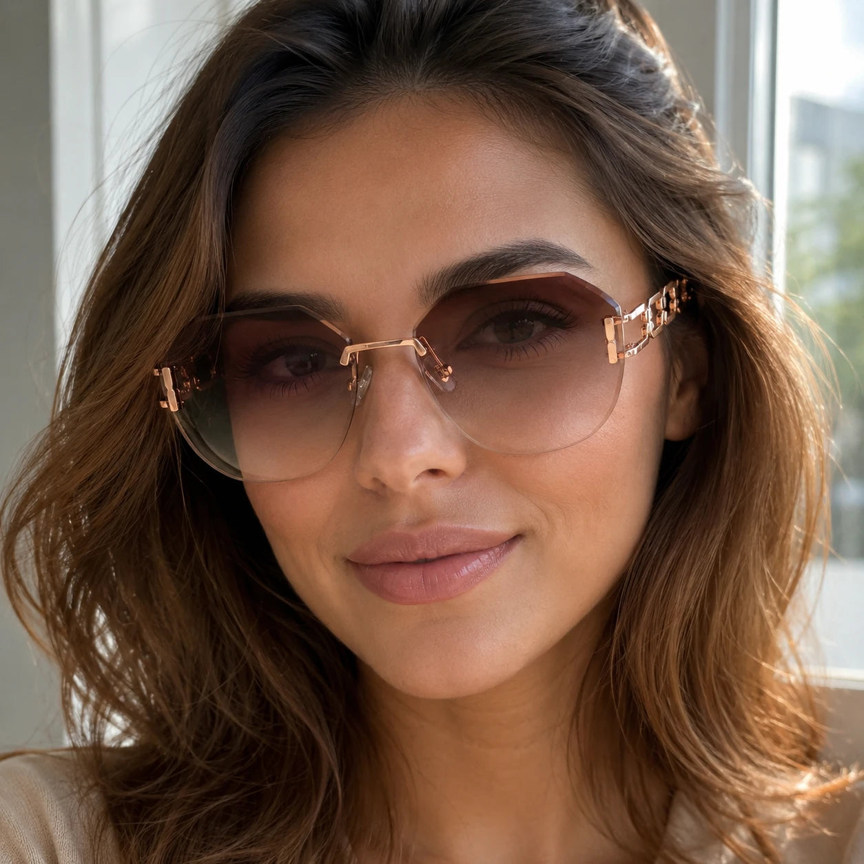 A front-facing close-up portrait of a smiling woman wearing Baporssa rimless sunglasses with brown gradient cut-edge lenses and luxury rose gold hardware.