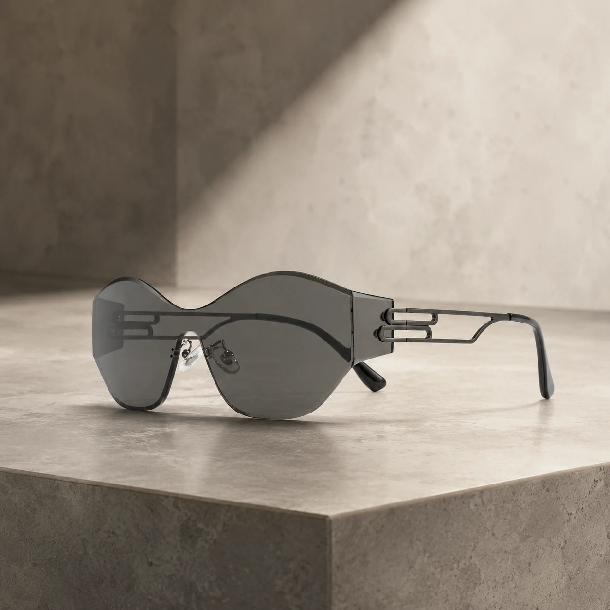 BAPORSSA vanguard black rimless sunglasses stone still life