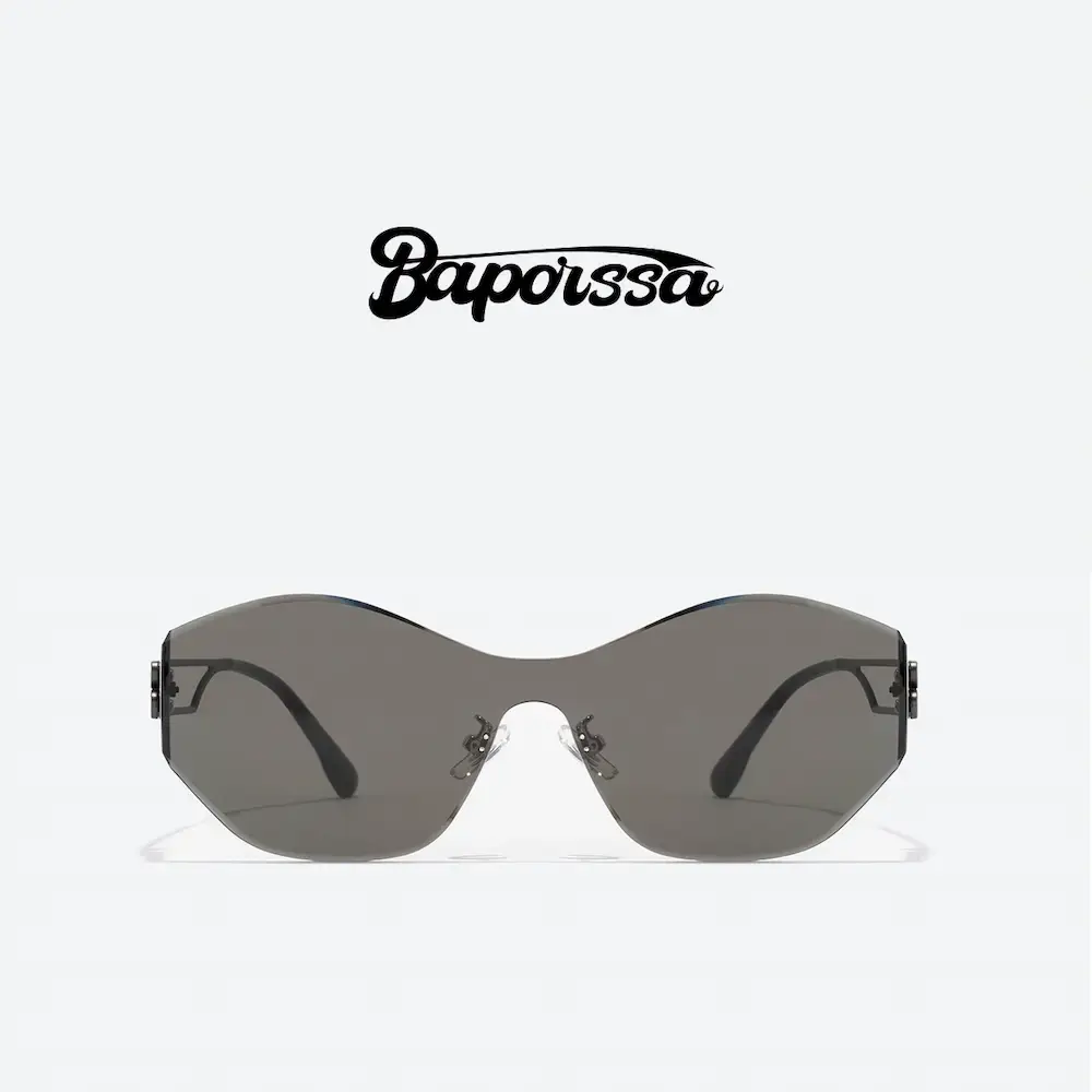 A front-on product shot of the BAPORSSA 'Vanguard' geometric rimless sunglasses in gunmetal gray, on a white background with the Baporssa logo