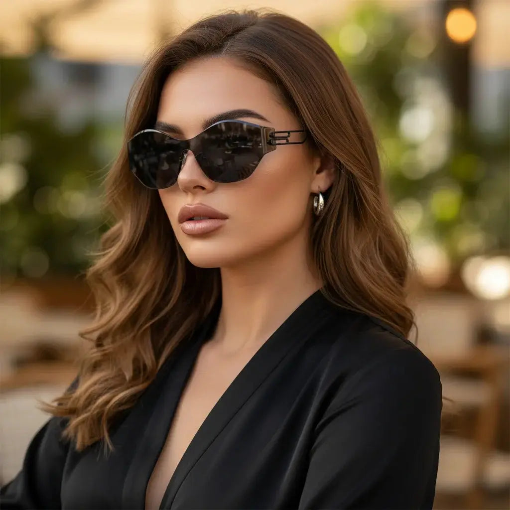 A close-up lifestyle image of a female model wearing BAPORSSA 'Vanguard' geometric shield sunglasses outdoors