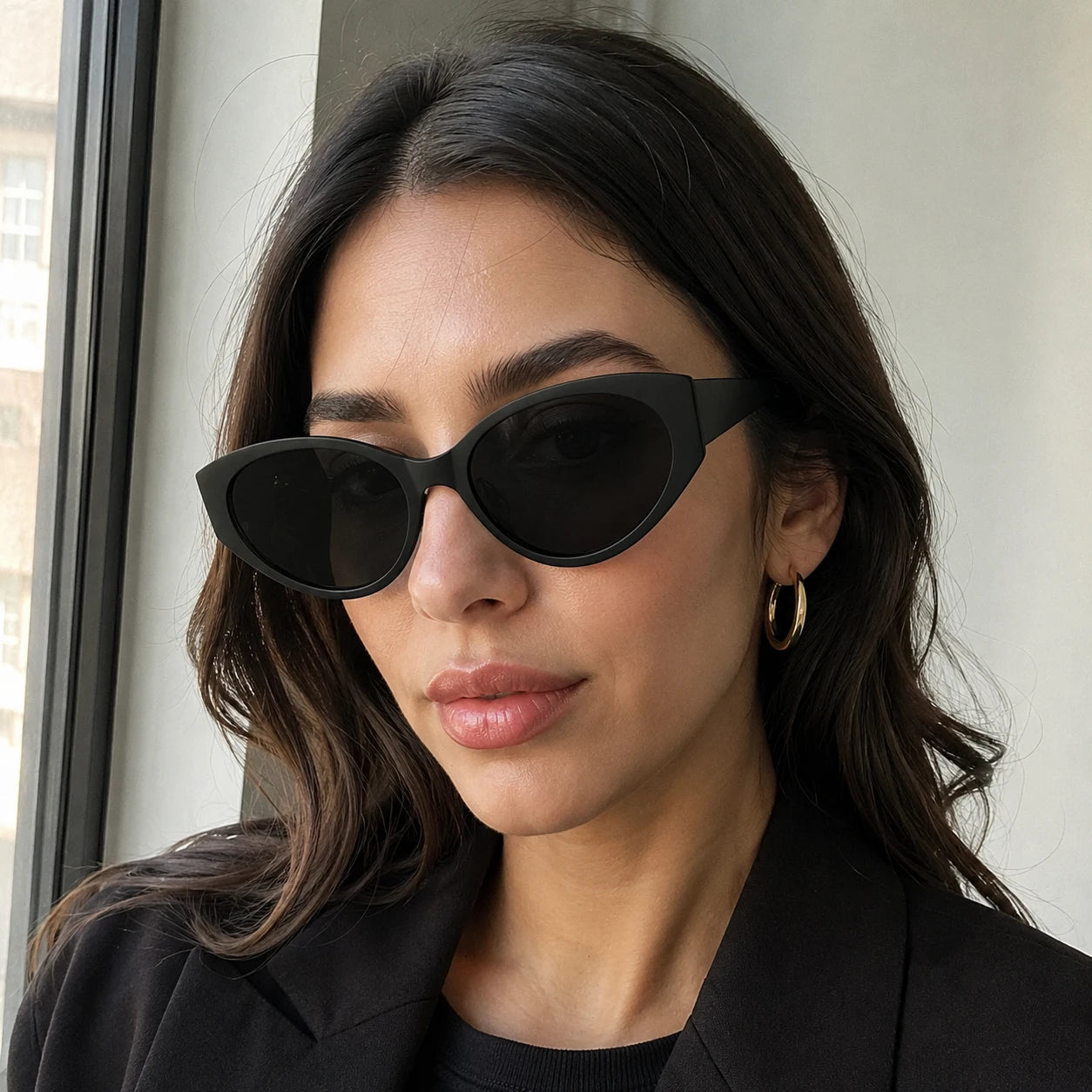 Lyra classic cat-eye sunglasses with thick black frames and solid dark lenses worn by a woman in a black blazer.