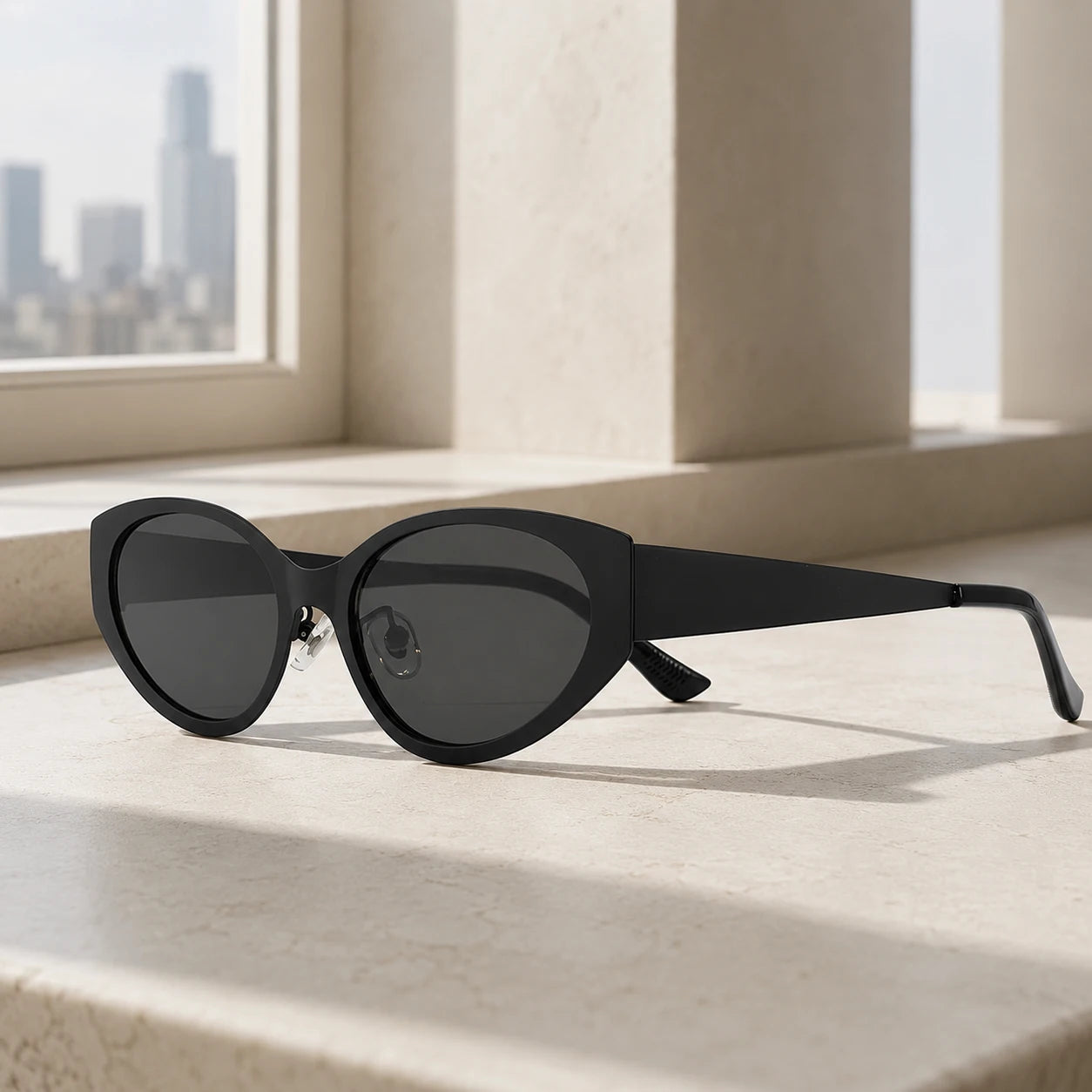 Lyra black-on-black cat-eye sunglasses displayed on a sunlit marble window ledge with a blurred city skyline background.