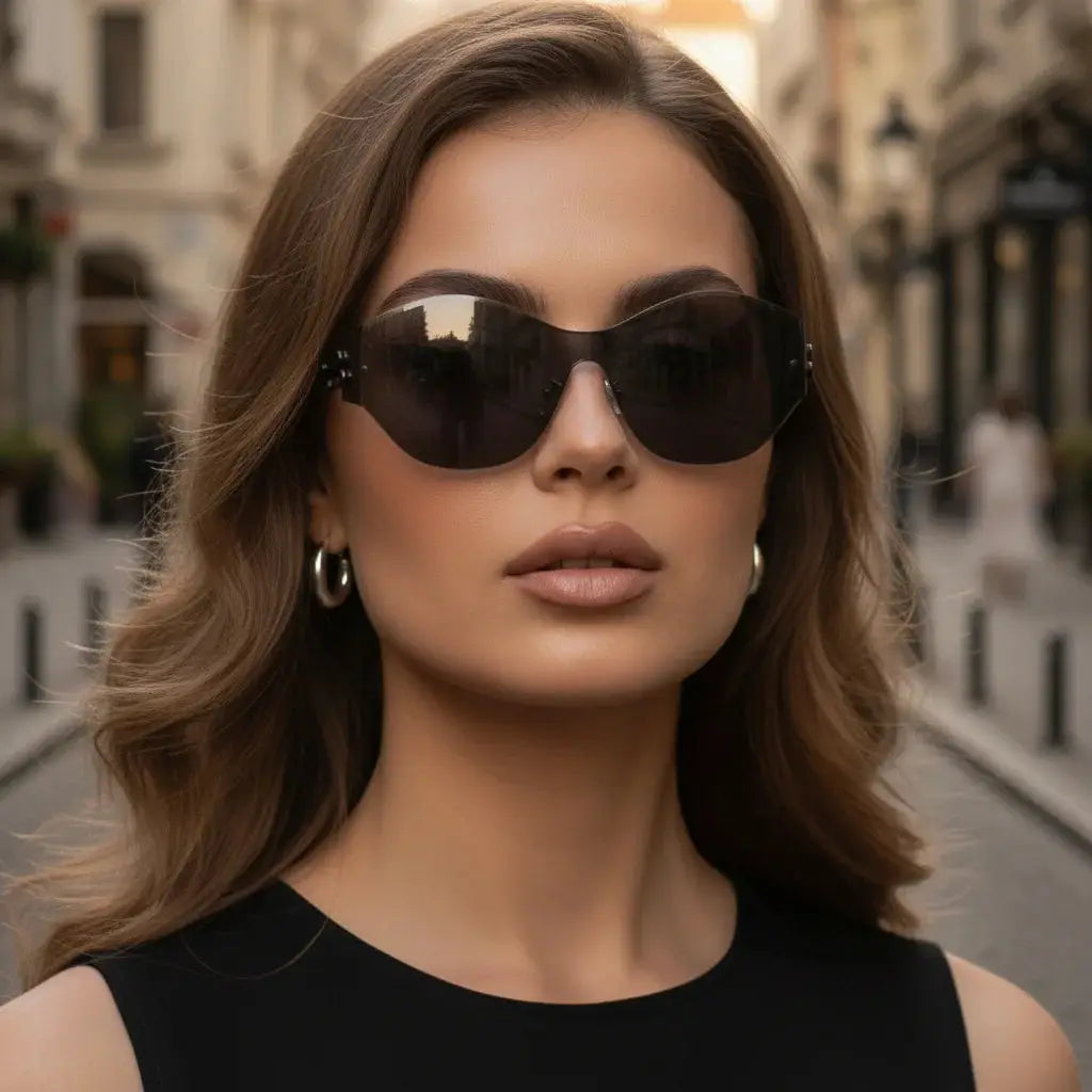 A female model looks directly at the camera while wearing BAPORSSA 'Vanguard' geometric sunglasses on a cobblestone street