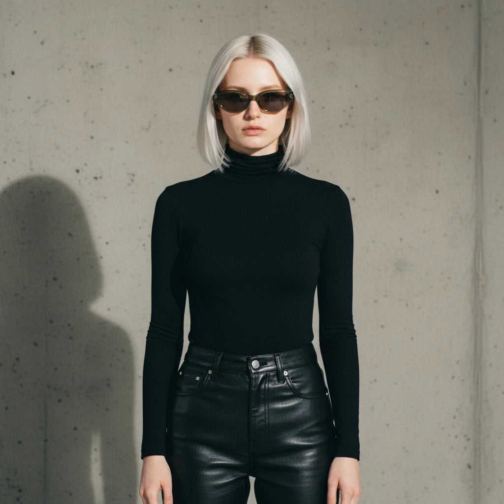 Front view of platinum bob model wearing olive green cat-eye sunglasses, icy cool elegance