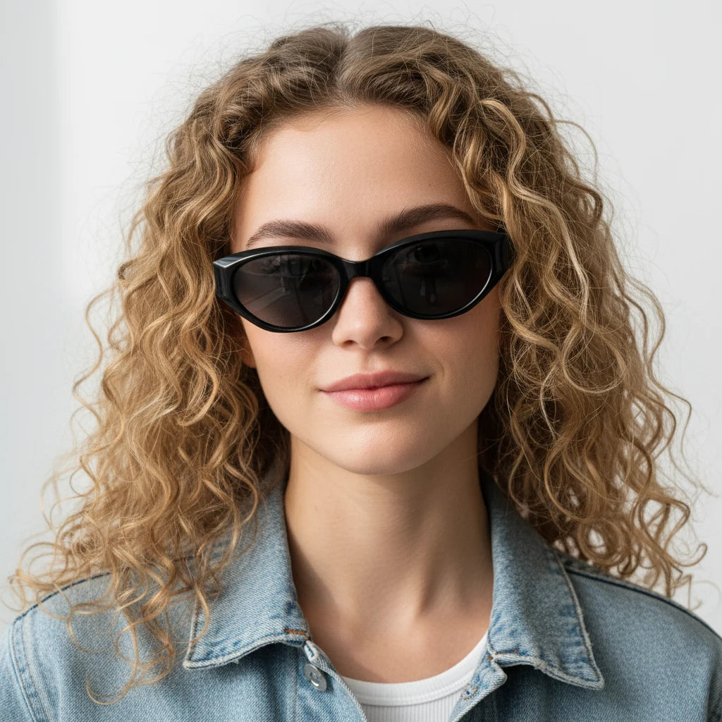 Smiling curly-haired model front view wearing retro black cat-eye sunglasses, face-slimming street style