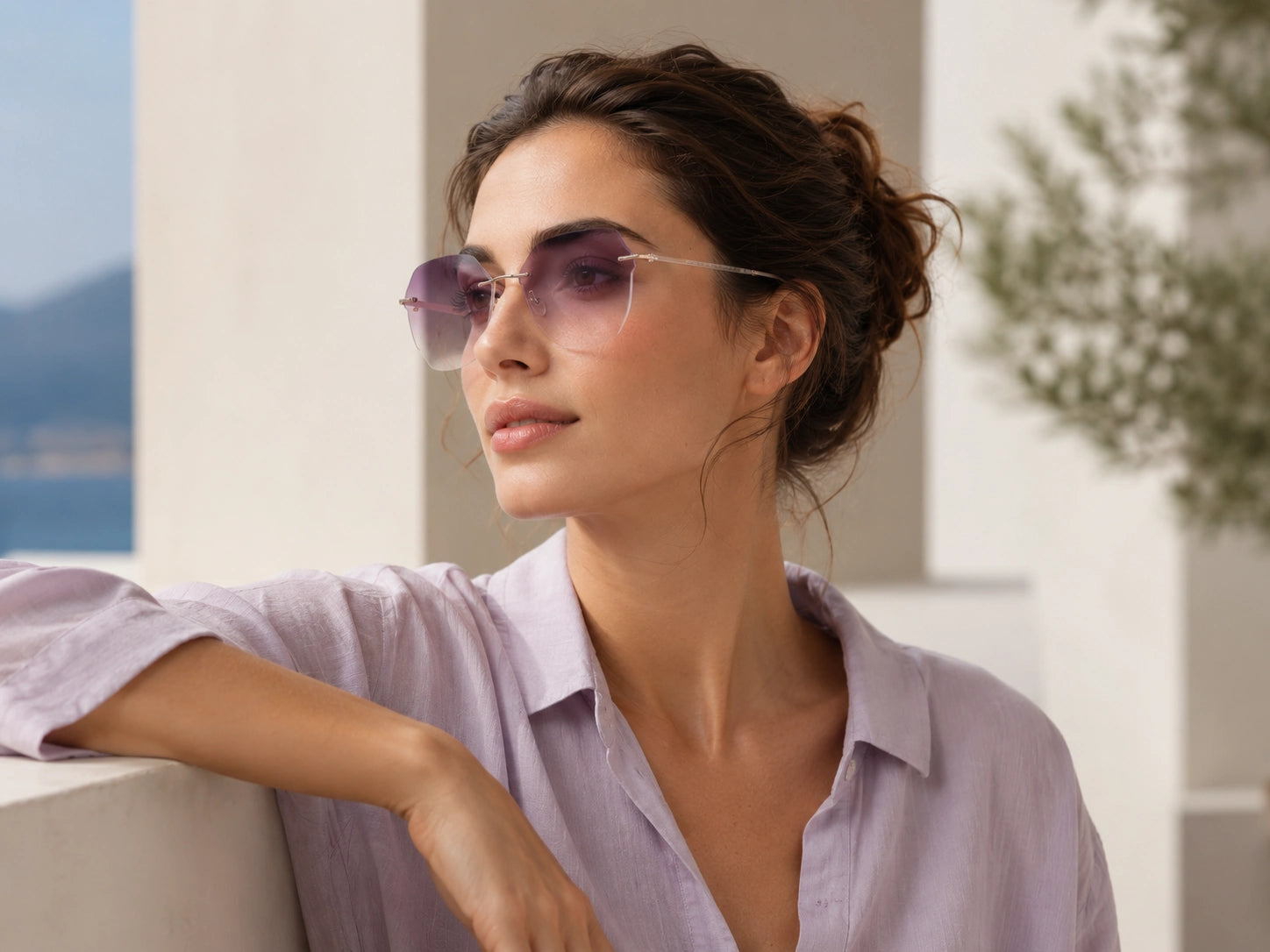 Rimless geometric sunglasses with purple gradient lenses in a soft lifestyle setting