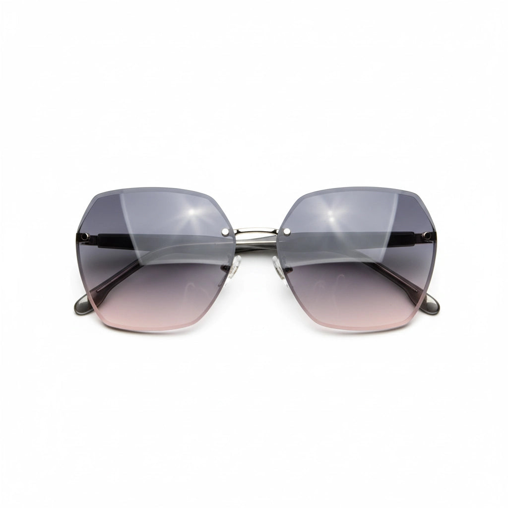 Front view of oversized rimless sunglasses with pink-purple gradient ocean lenses