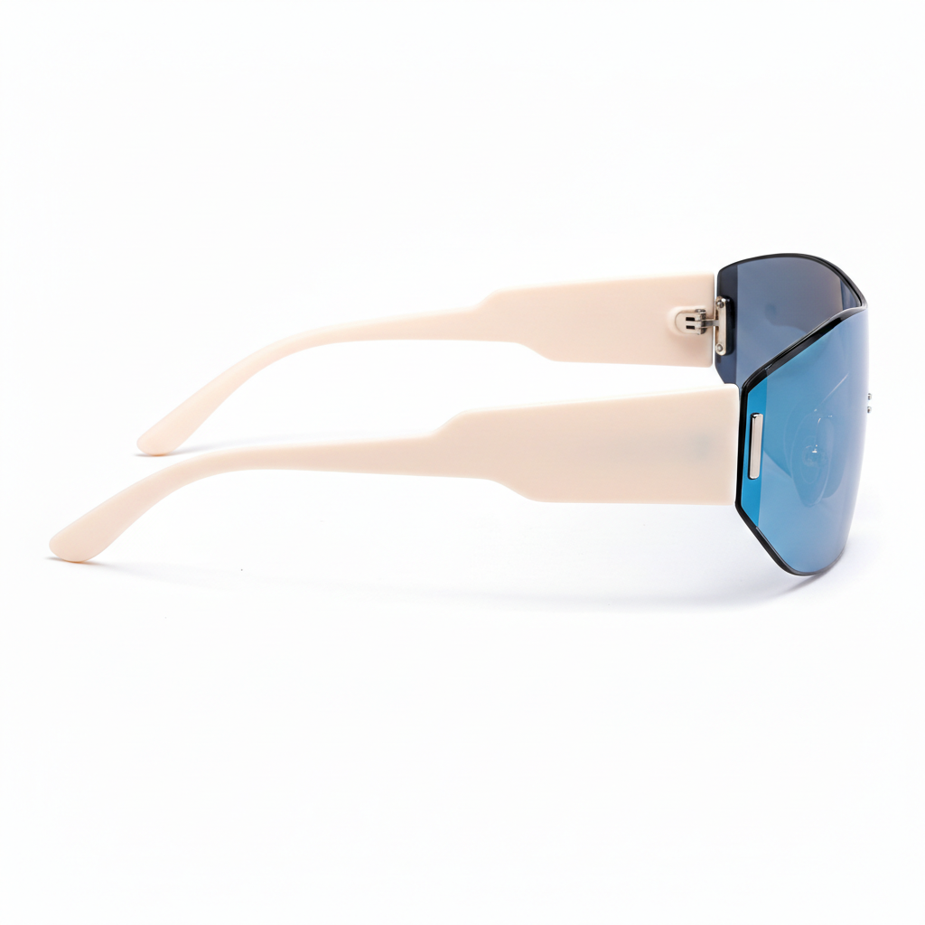 Sunglasses with beige frame and blue-tinted lenses on a white background