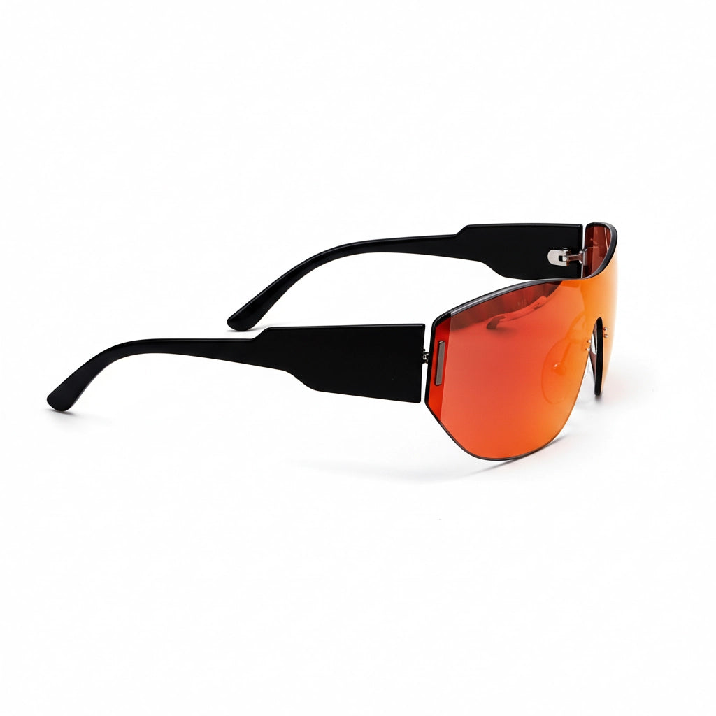 Sunglasses with black frames and orange lenses on a white background