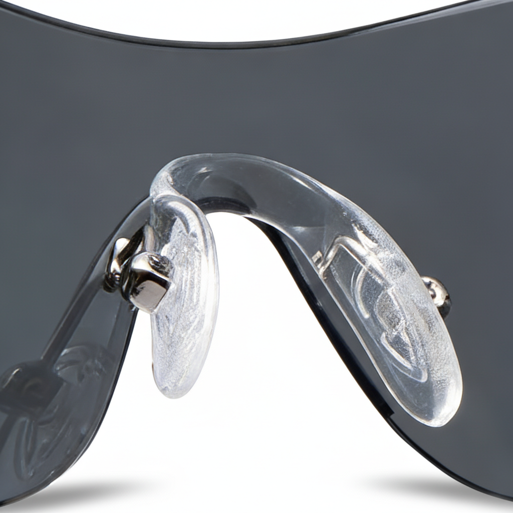 Close-up of a pair of sunglasses with a clear arm design on a gray background