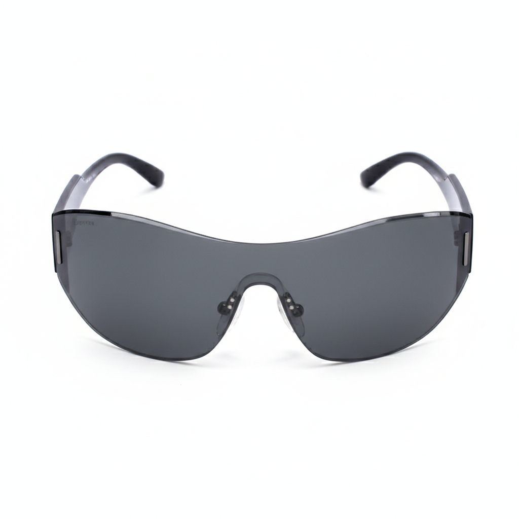 Shield-style sunglasses with dark lenses on a white background