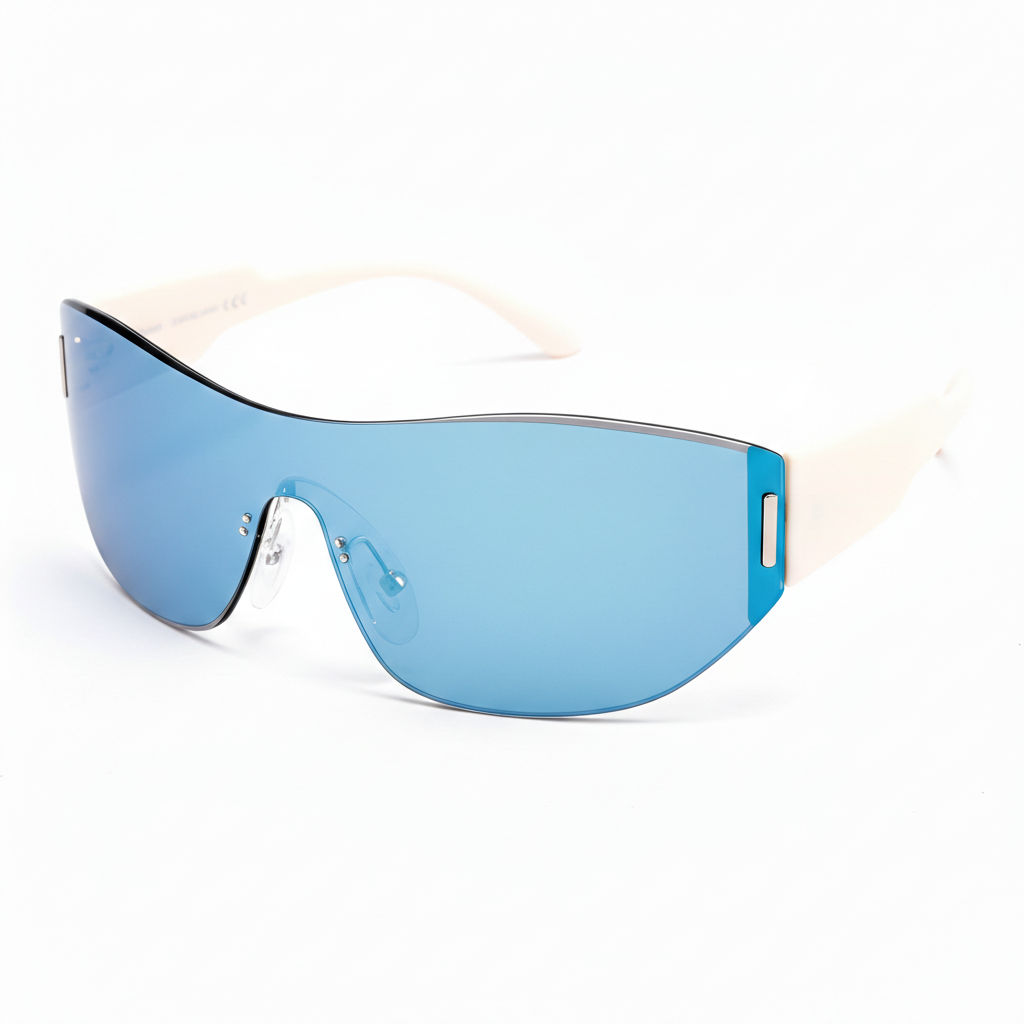 Sunglasses with blue lenses and beige frames on a white background