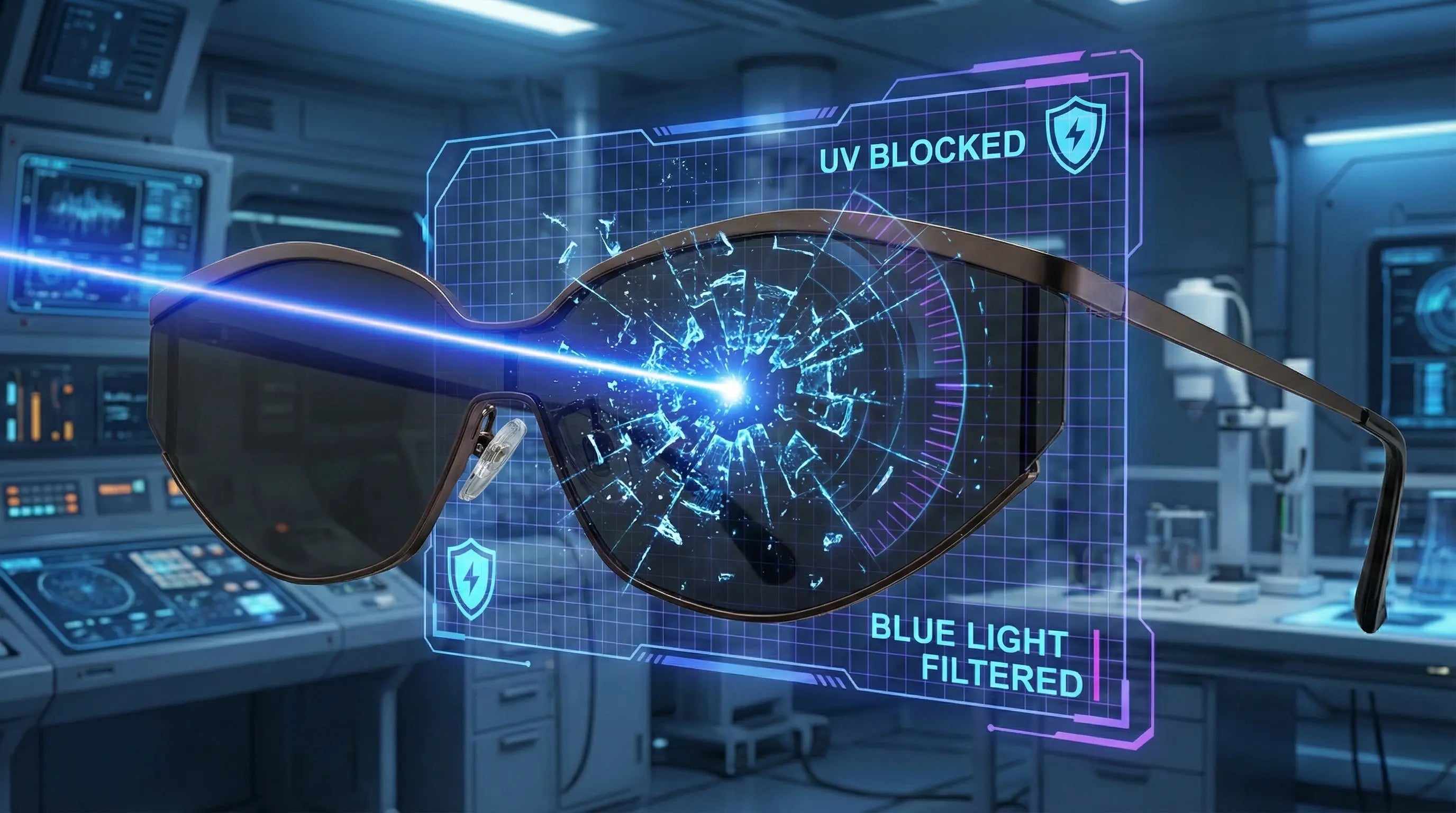 A blue laser beam hits the black sunglass lens and shatters/disperses harmlessly. A digital holographic grid (HUD) overlays the lens