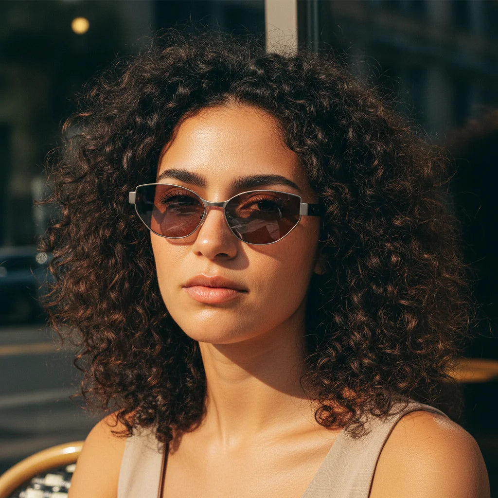 Close-up of curly-haired model wearing titanium cat-eye sunglasses with silver frame and tea gradient lenses in sunlight