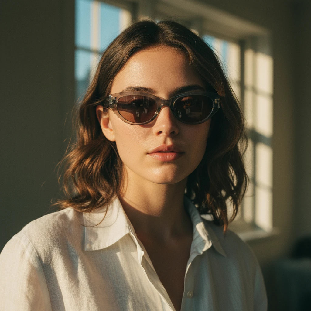 Front view of woman wearing transparent grey-blue cat-eye sunglasses with luxurious gold BB accents