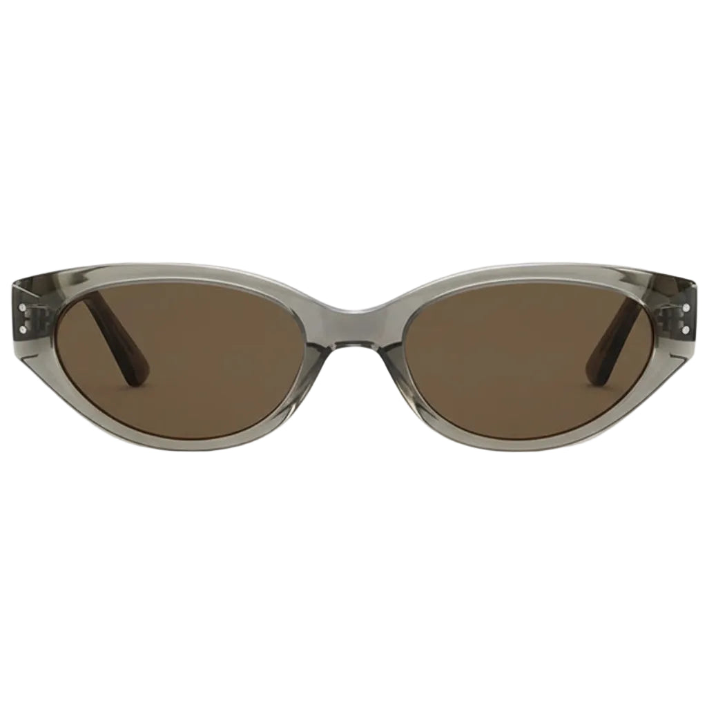 Straight front view of grey-tea transparent cat-eye sunglasses, premium acetate with tea lenses