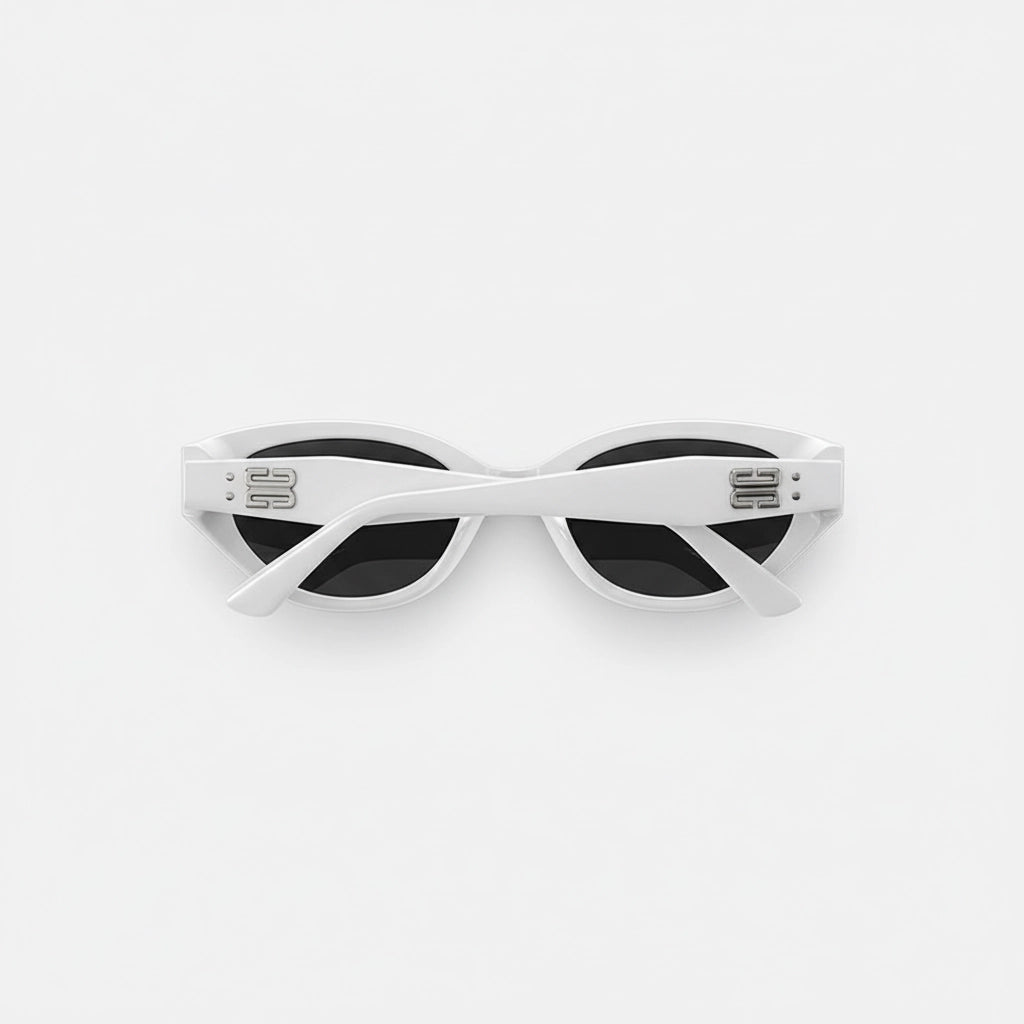 Front view of white cat-eye sunglasses on white background, dual silver BB logos