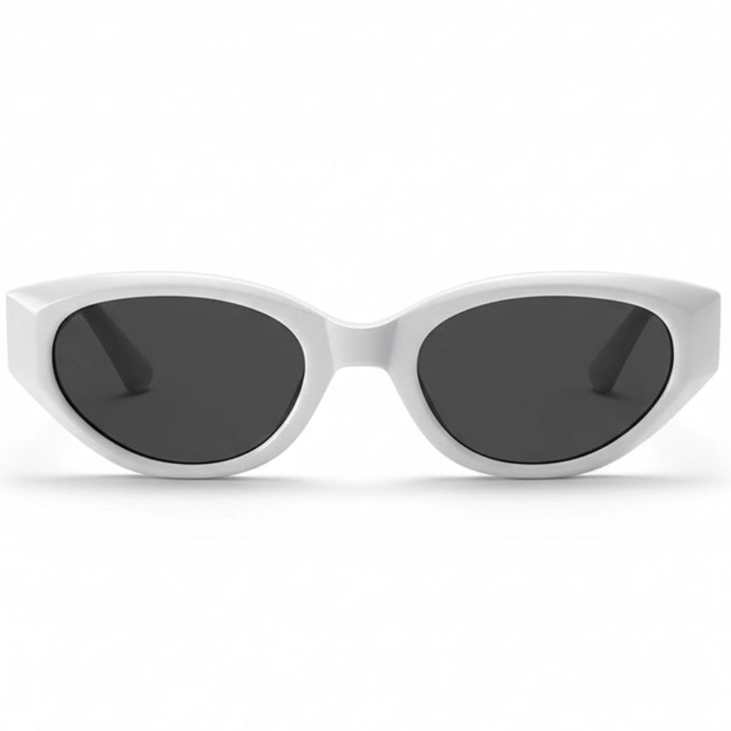 Straight front view of retro white cat-eye sunglasses, premium acetate with dark lenses