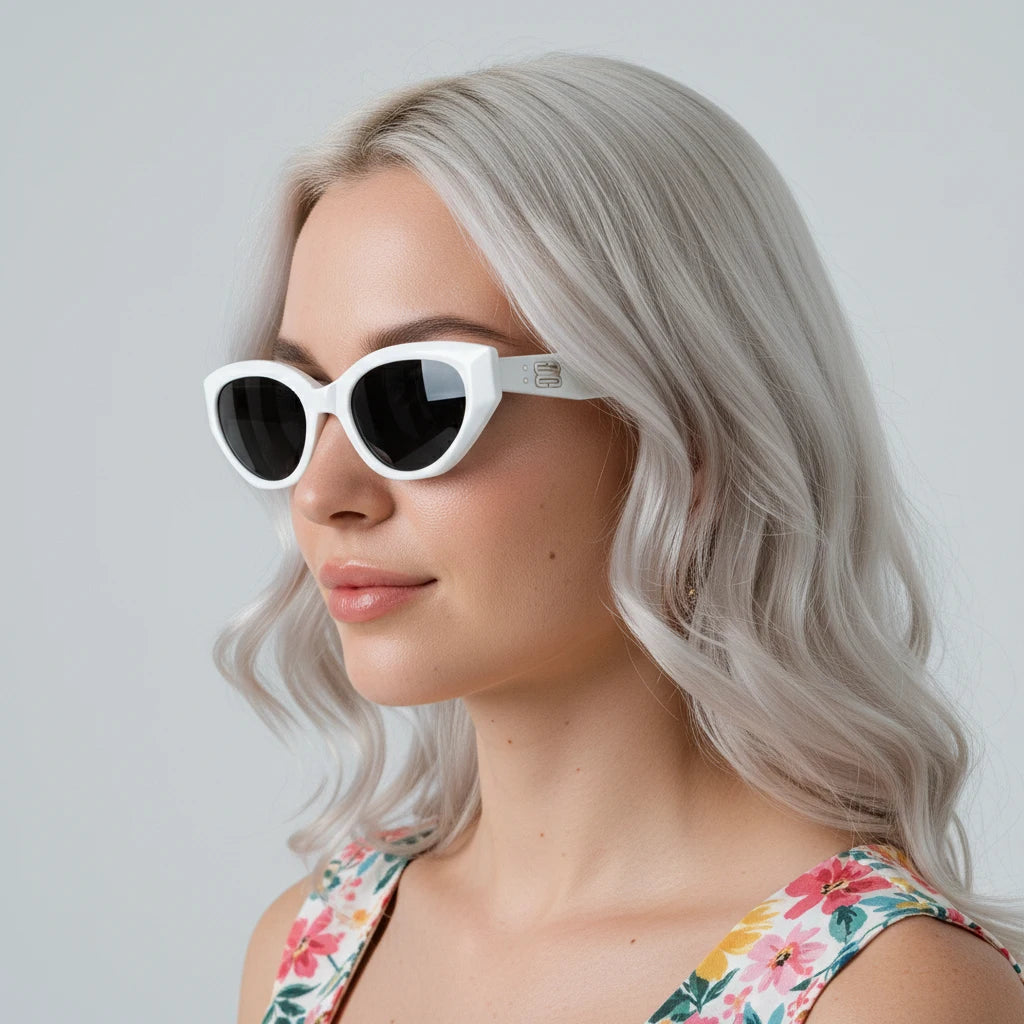 Close side view of platinum blonde model wearing white cat-eye sunglasses, fresh summer look