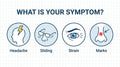 A clean, medical-style "Symptom Checker" infographic. Icons representing "Headache", "Sliding", "Eye Strain", "Red Marks". Text overlay: "What is your symptom?"