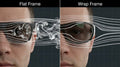 A visualization of airflow (represented by white smoke lines) hitting a person's face. Left side (Labeled "Flat Frame"): The smoke swirls violently behind the lens into the eye, visualizing turbulence. 