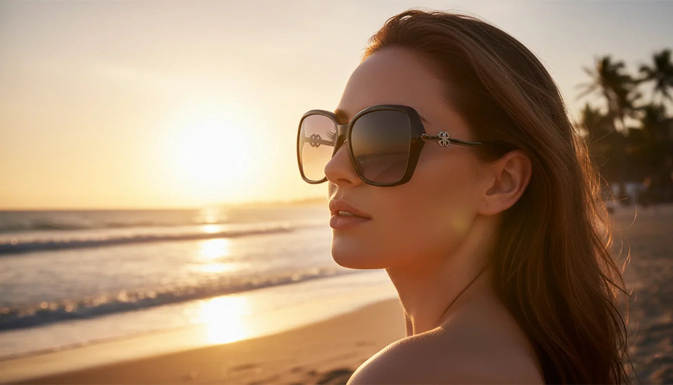 A woman in profile wears stylish BAPORSSA sunglasses while gazing at a golden sunset over the beach, highlighting the blend of fashion and functional sun protection.