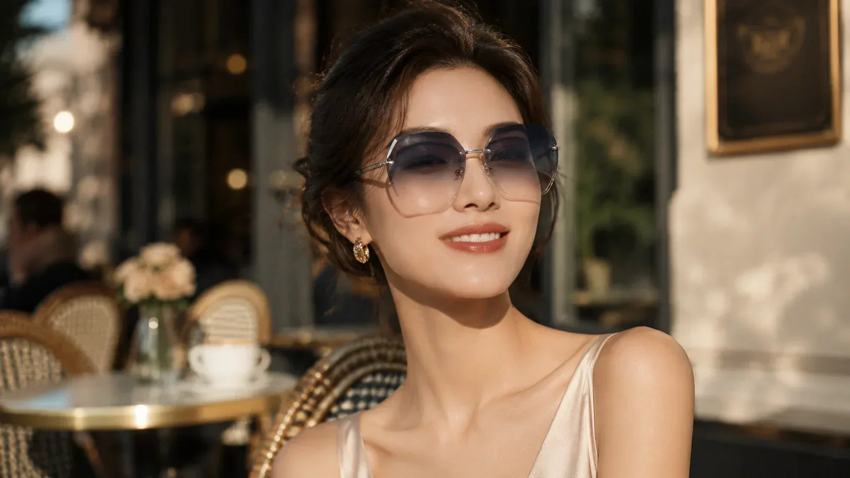Elegant female model with diamond face shape wearing BAPORSSA minimalist rimless sunglasses in golden hour sunlight