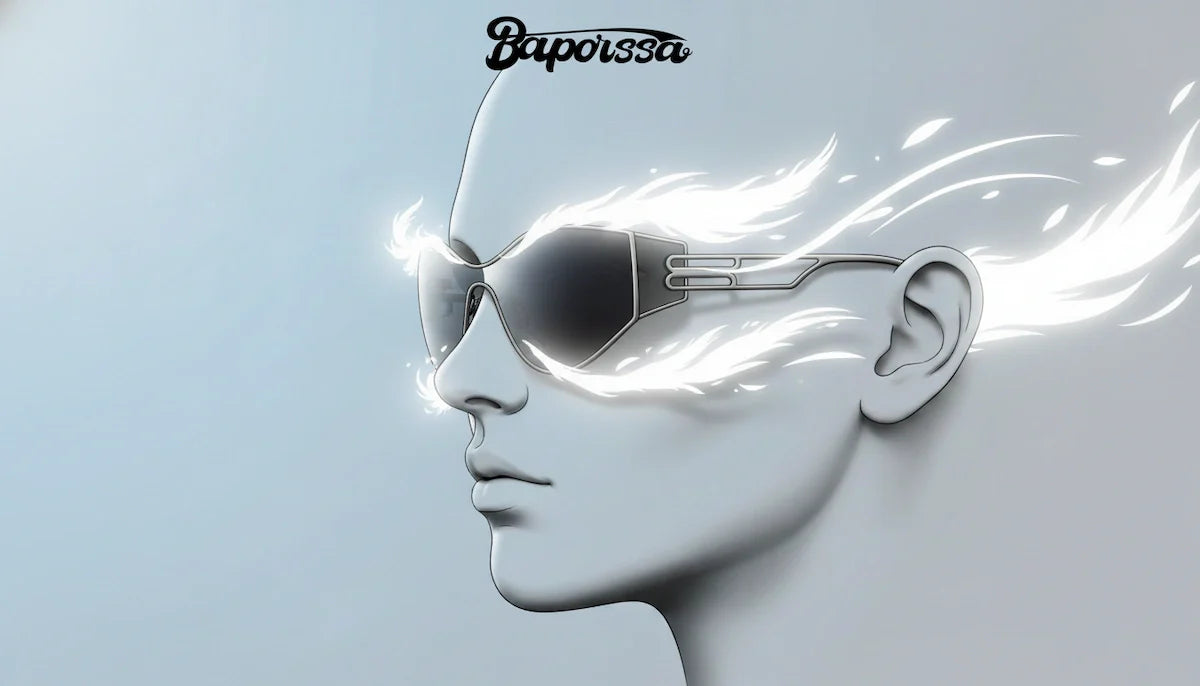 A futuristic side profile of a head wearing Baporssa sunglasses, with white light streams around the temples and eyes, symbolizing pressure-free Asian-fit comfort and advanced eye protection.