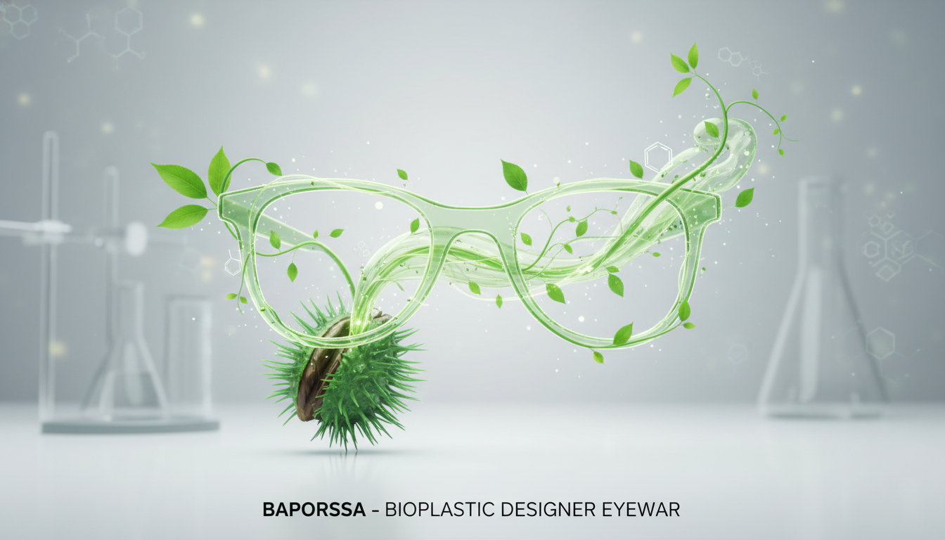 A conceptual illustration of Baporussa bioplastic sunglasses with botanical elements, showcasing the brand's use of advanced eco-materials in designer eyewear.