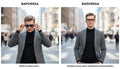 Compares two visual effects of Baporussa photochromic sunglasses in an urban street scene, left as dark sunglasses style, right as clear optical style, showcasing the fashion practicality of the brand's color-changing technology.