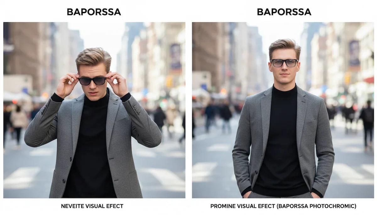 Compares two visual effects of Baporussa photochromic sunglasses in an urban street scene, left as dark sunglasses style, right as clear optical style, showcasing the fashion practicality of the brand's color-changing technology.