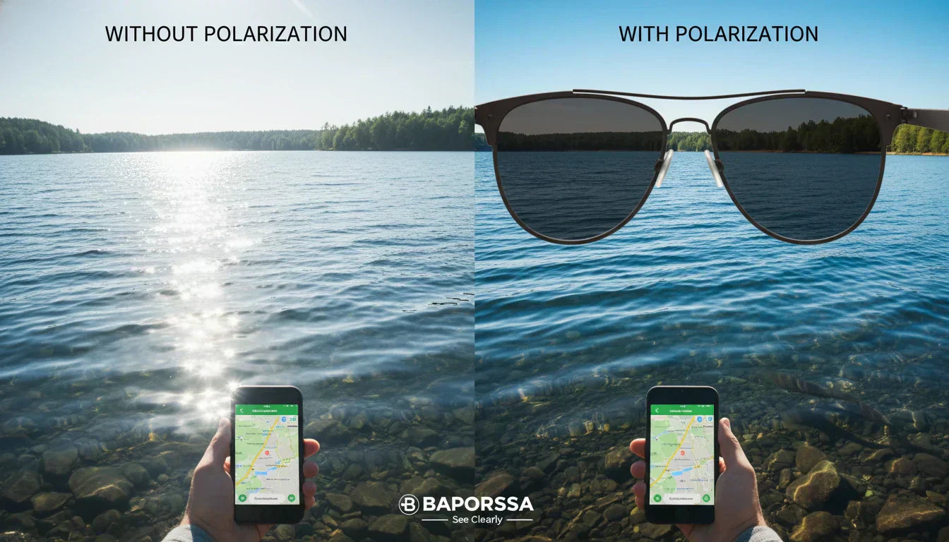 A side-by-side comparison of Baporussa polarized sunglasses, showing reduced glare and enhanced clarity when viewing a lake scene, emphasizing the brand's "See Clearly" promise.