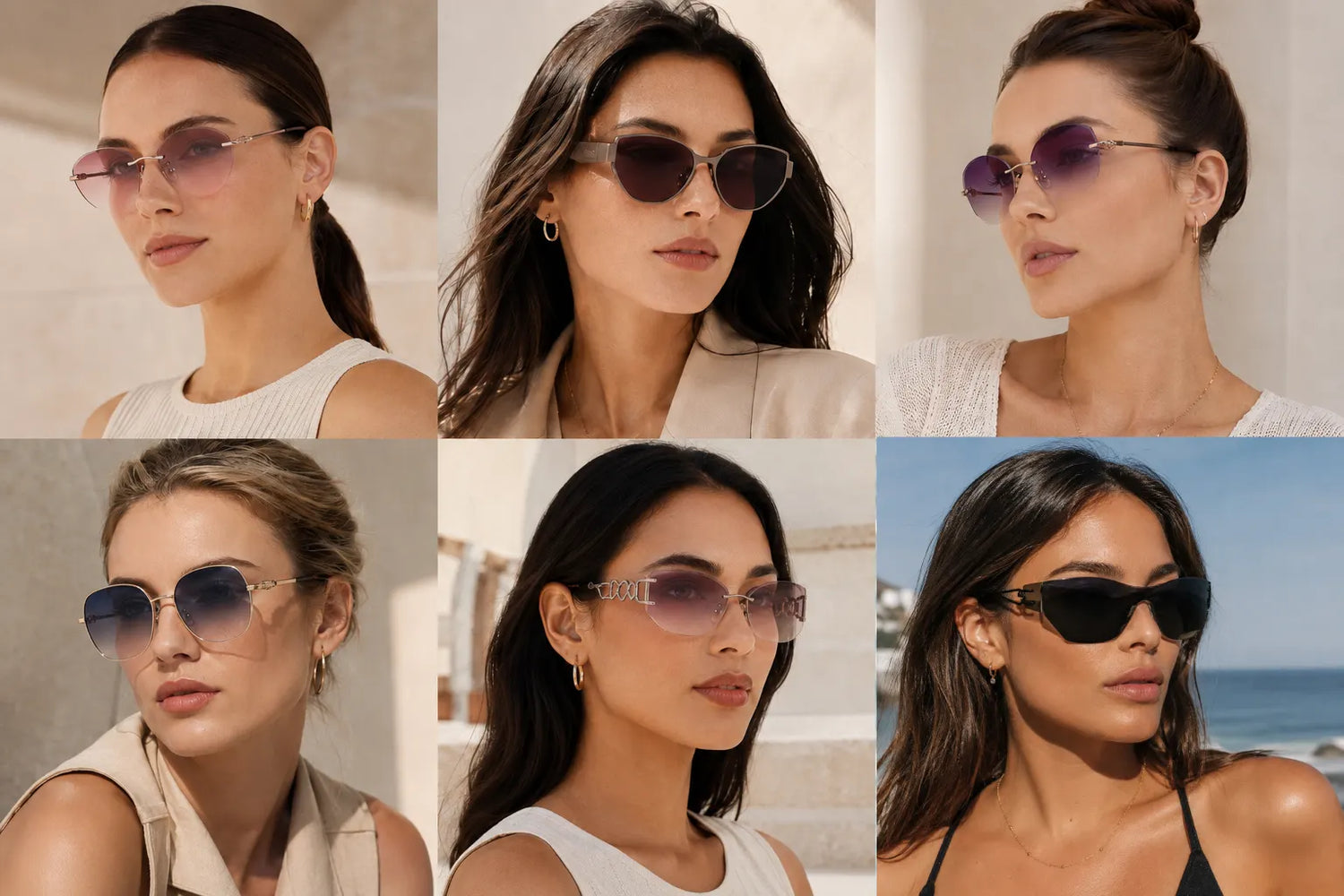 Women wearing different sunglasses styles for oval, round, square, heart, diamond, and oblong face shapes