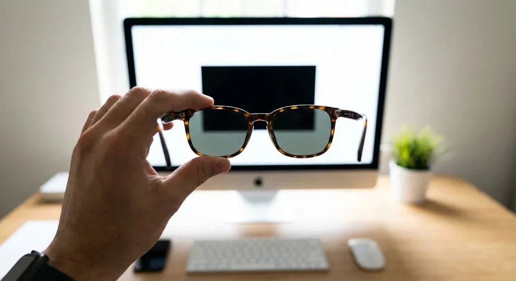 A hand holds blue light blocking glasses in front of a computer, emphasizing their role in protecting eyes from harmful screen emissions during long work hours.