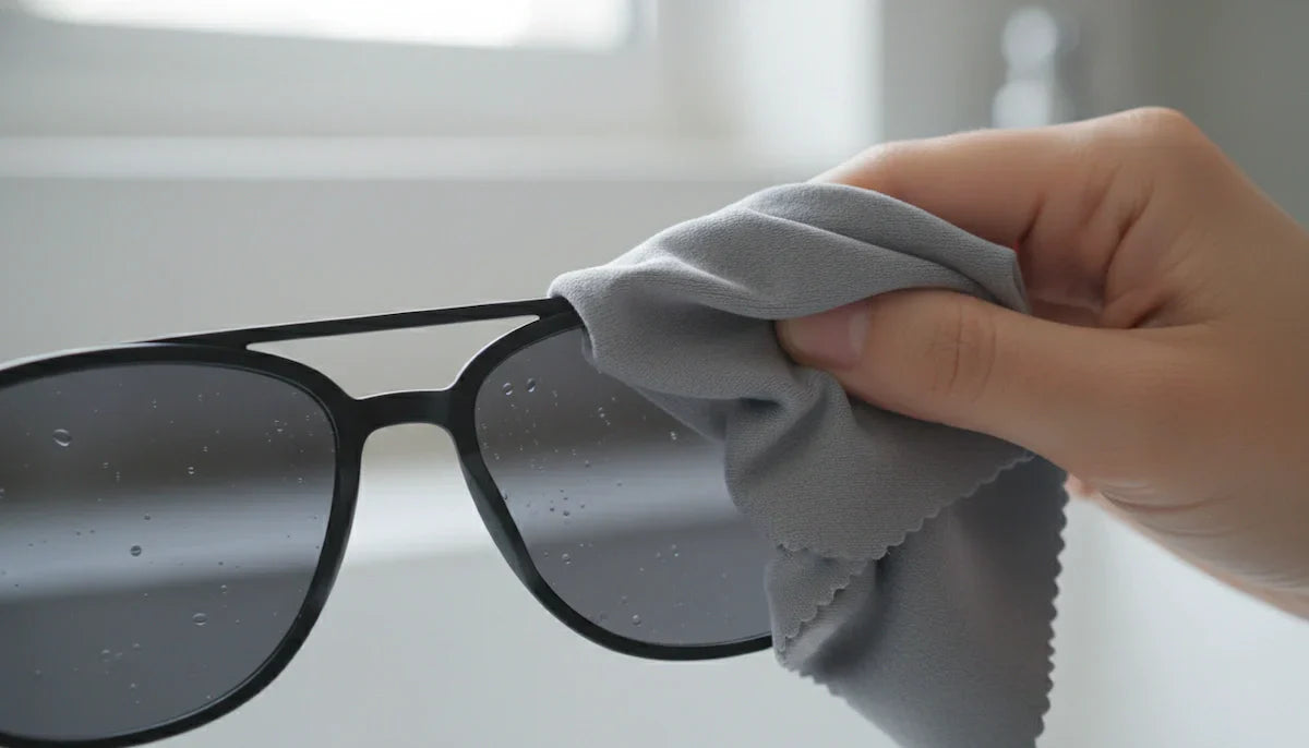 A person cleaning a pair of sunglasses with a gray microfiber cloth, removing water droplets from the lenses.