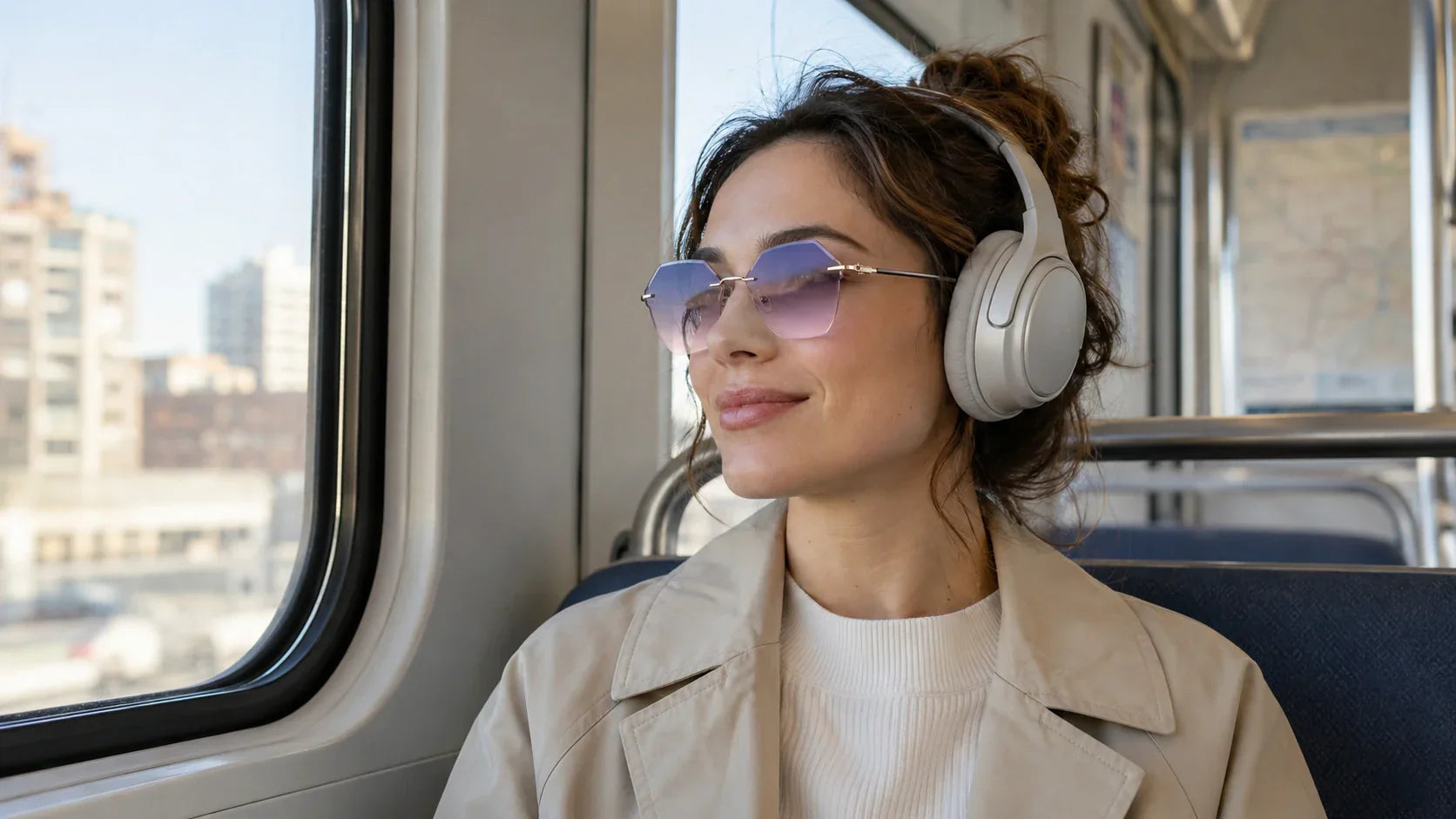 Commuters wearing lightweight sunglasses and headphones.