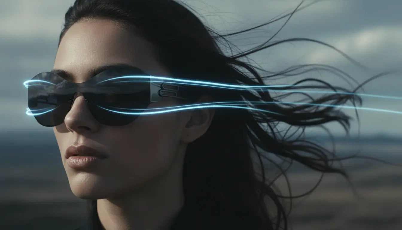 A woman wears sleek black sunglasses (with glowing blue neon light trails) against a blurred outdoor backdrop; wind blows her hair, emphasizing the edgy, cyber-inspired design.