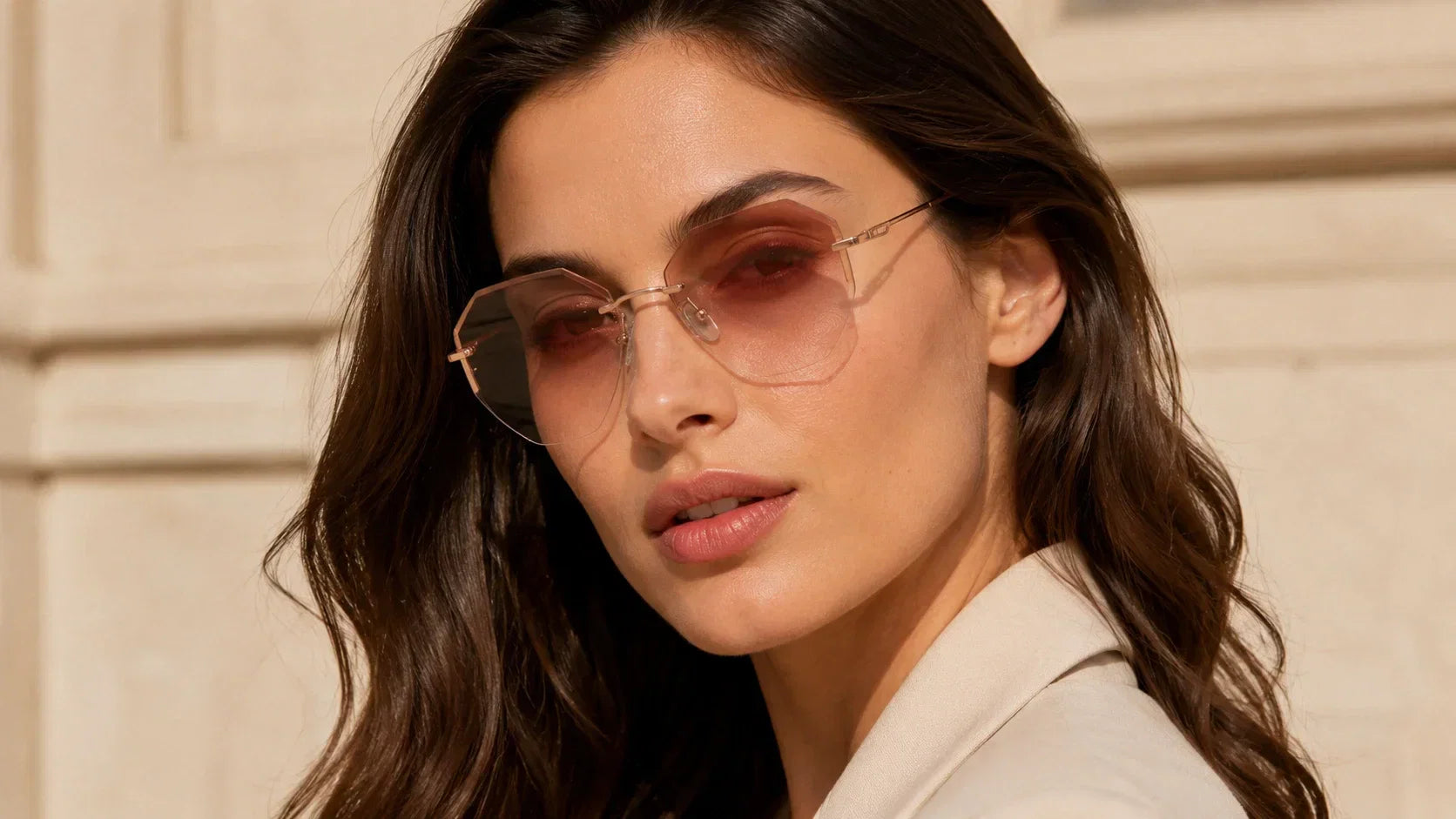 Low bridge fit rimless sunglasses sitting higher on the nose without touching the cheeks