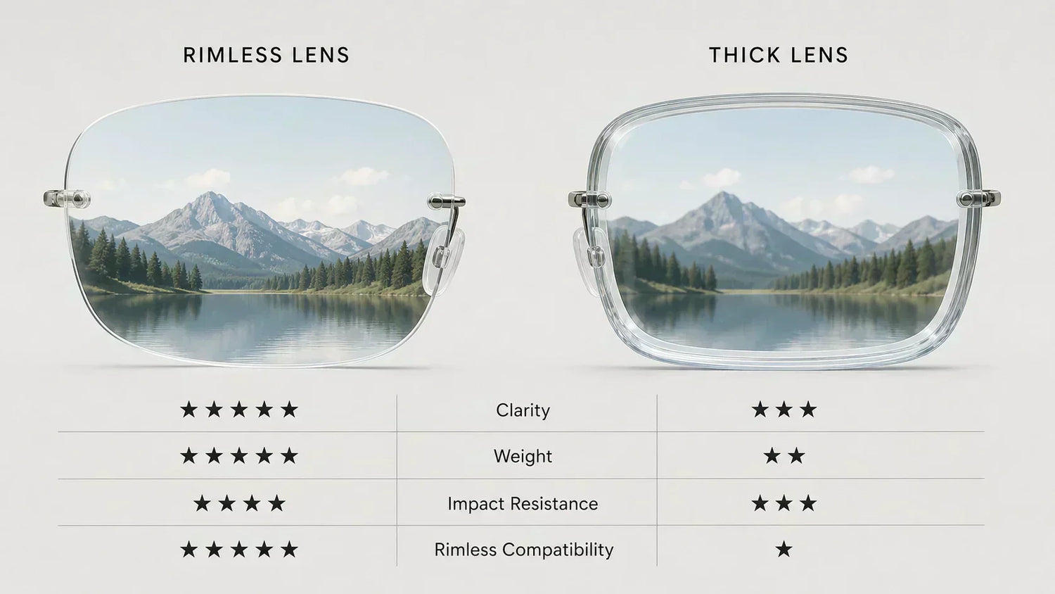 Glass vs polycarbonate vs nylon sunglass lens material guide comparing weight clarity TAC plastic and rimless lenses