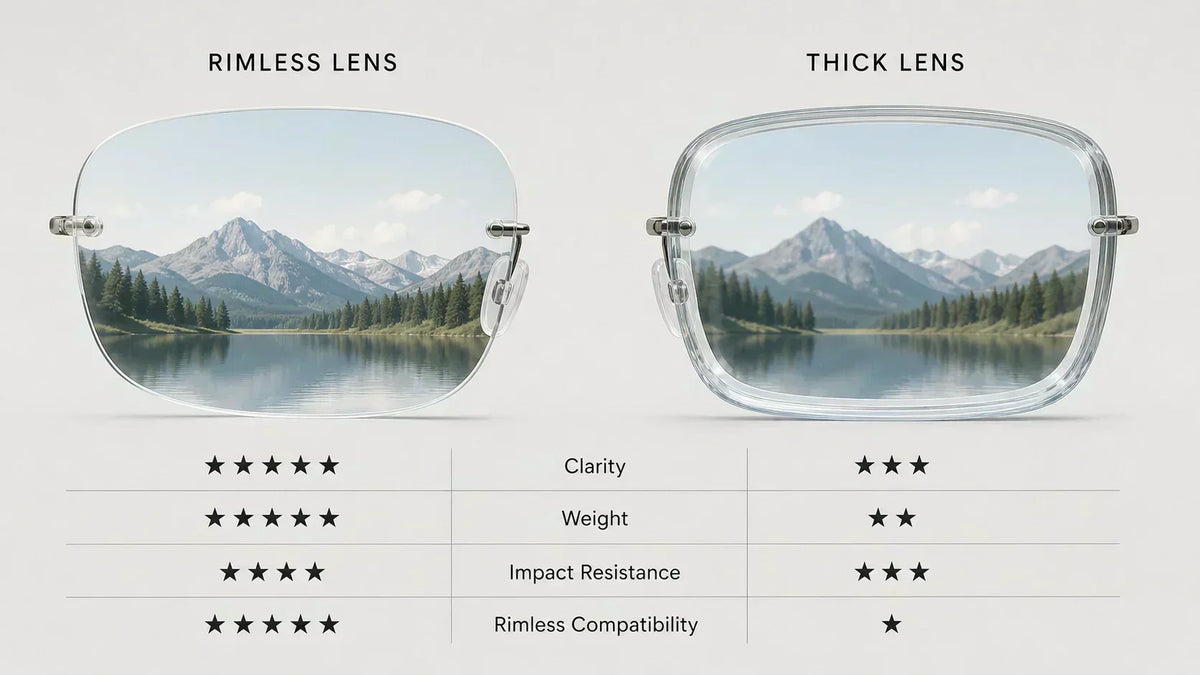 Glass vs polycarbonate vs nylon sunglass lens material guide comparing weight clarity TAC plastic and rimless lenses