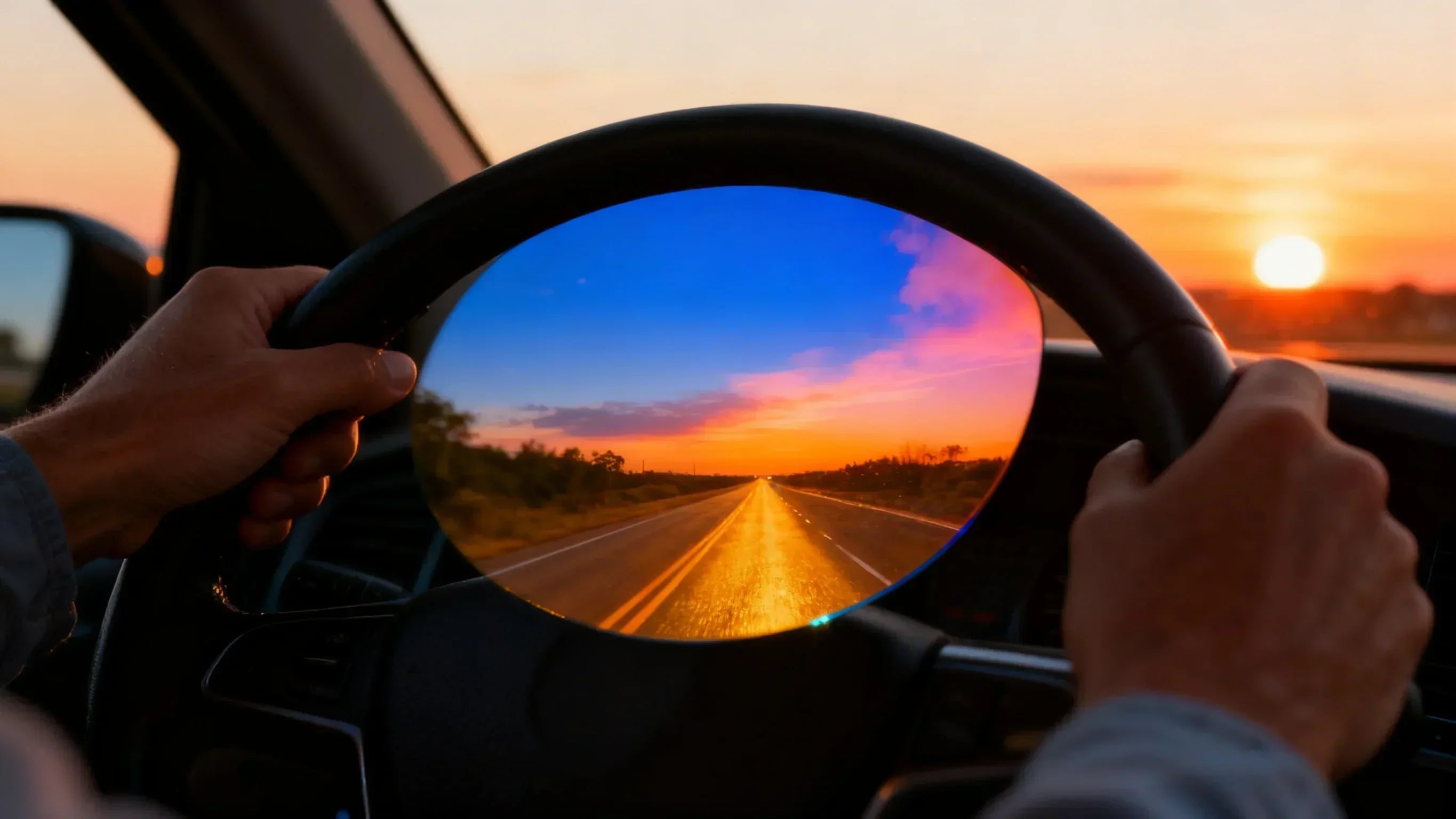 A driver wears polarized sunglasses, with the lens reflecting a vibrant sunset road scene, emphasizing the sunglasses' role in reducing glare for safer driving.