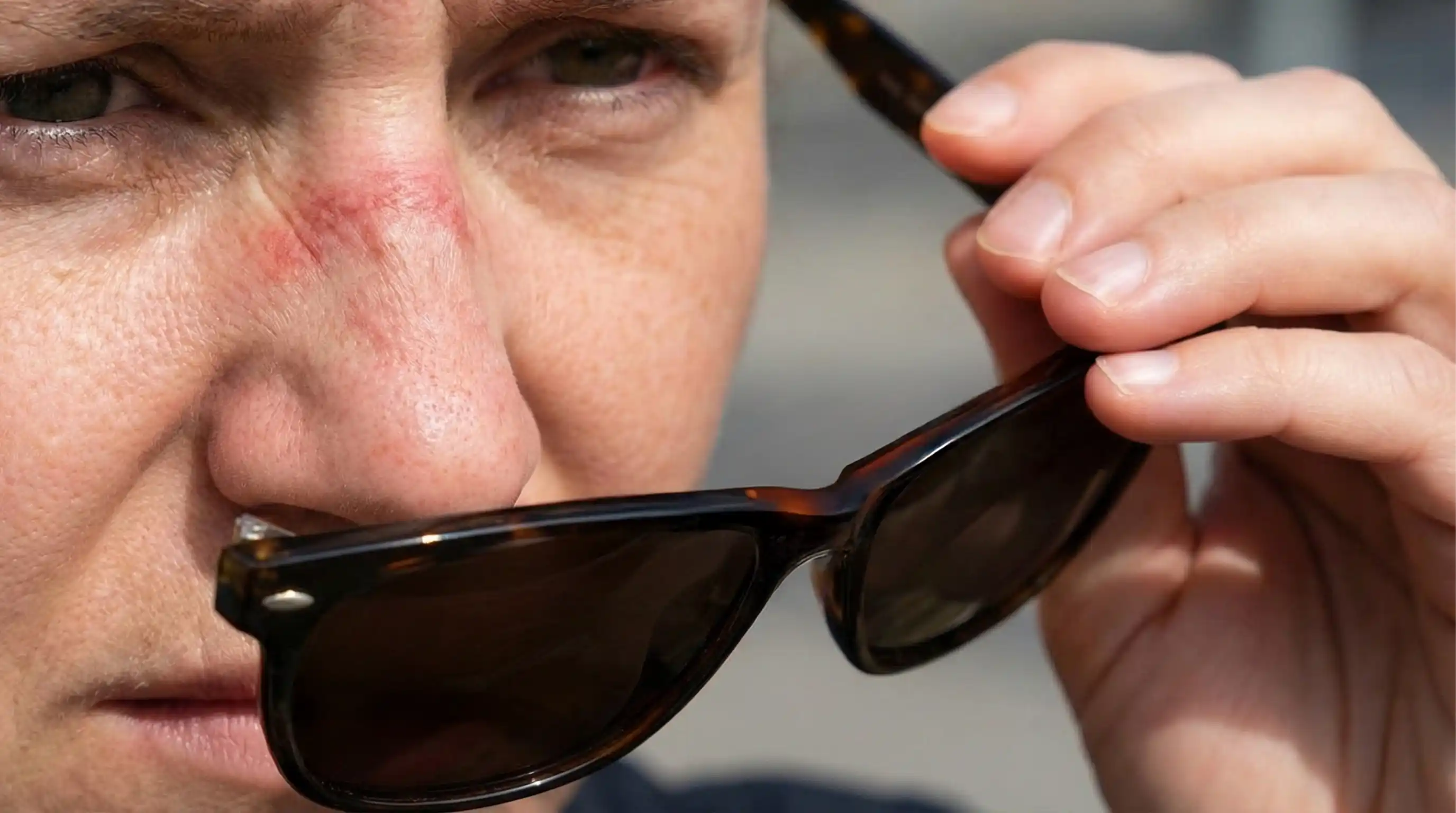 After removing the heavy sunglasses, the red marks on the bridge of his nose became more prominent.